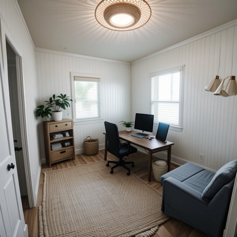 Coastal home office (AI restyle): white paneled walls, a woven rug, a white desk with a black chair, a navy armchair, a light wood dresser and a flush ceiling light