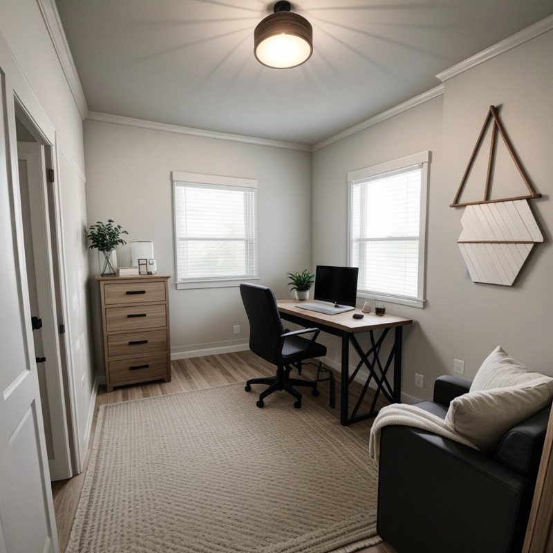 Modern farmhouse home office (AI restyle): white walls, a wood dresser, a black and wood desk with an office chair, a gray armchair with a knit throw and wood wall art