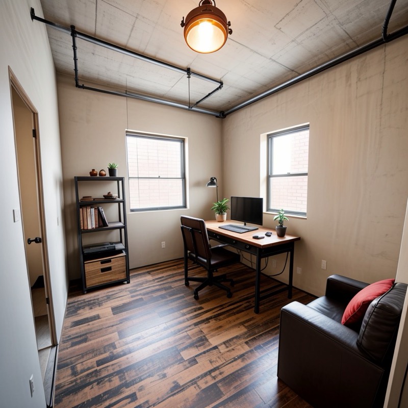 Industrial home office (AI restyle): exposed ceiling pipes, a dark plank floor, a black metal shelf, a wood desk with a black chair, a leather sofa and an Edison pendant