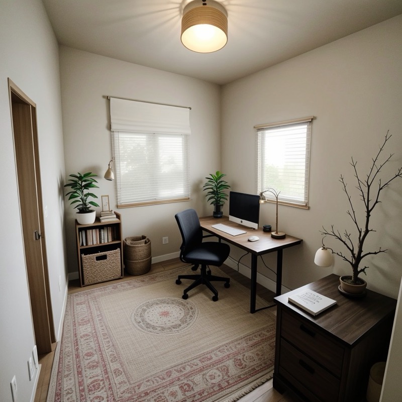 Japandi home office (AI restyle): a paper roller blind, a black desk and chair, a dark wood cabinet, a branch arrangement, a patterned rug and a pale lantern light