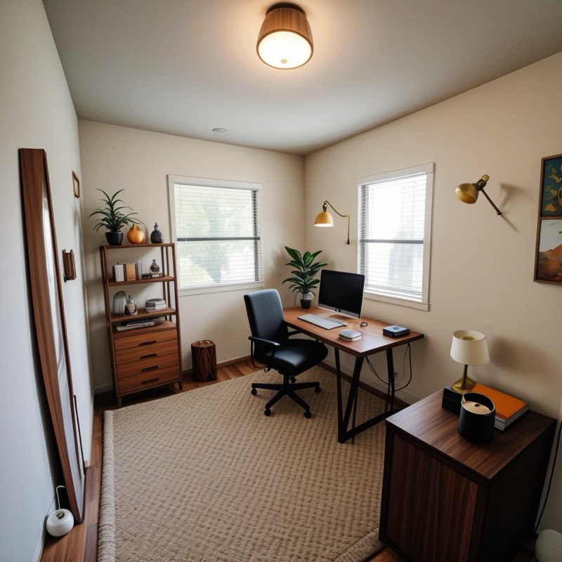 Mid-century modern home office (AI restyle): walnut shelves and a walnut side cabinet, a black desk and chair, brass lamps, a woven rug and a pleated globe light