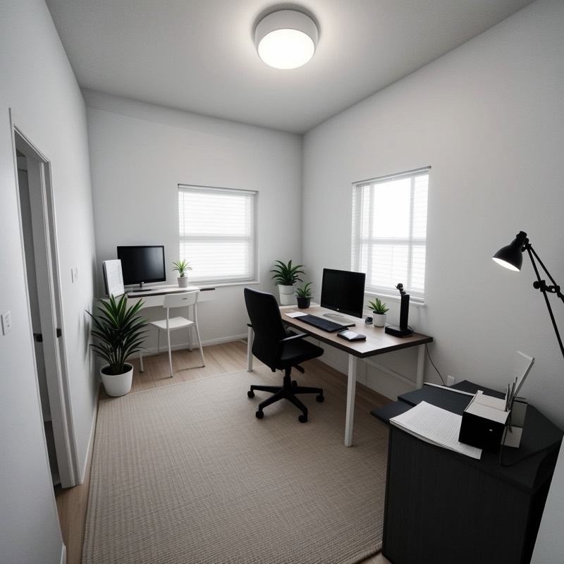 Minimalist home office (AI restyle): white walls, a white desk with a black chair, a white side chair, a black cabinet, an arc lamp and a gray floor