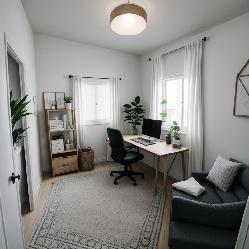 Scandinavian home office (AI restyle): white walls, sheer curtains, a white desk with a black chair, a light wood shelf with baskets, a patterned rug and a gray sofa