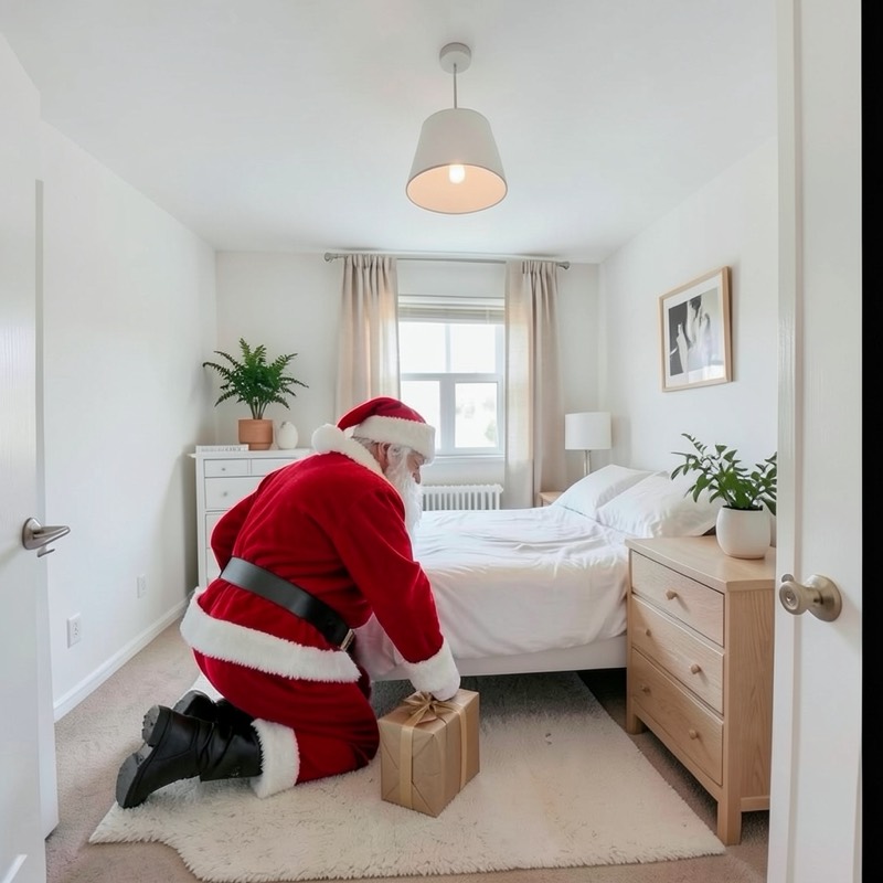 Santa kneeling at the foot of a white bed and setting down a wrapped present, in a sample bedroom (an AI image)