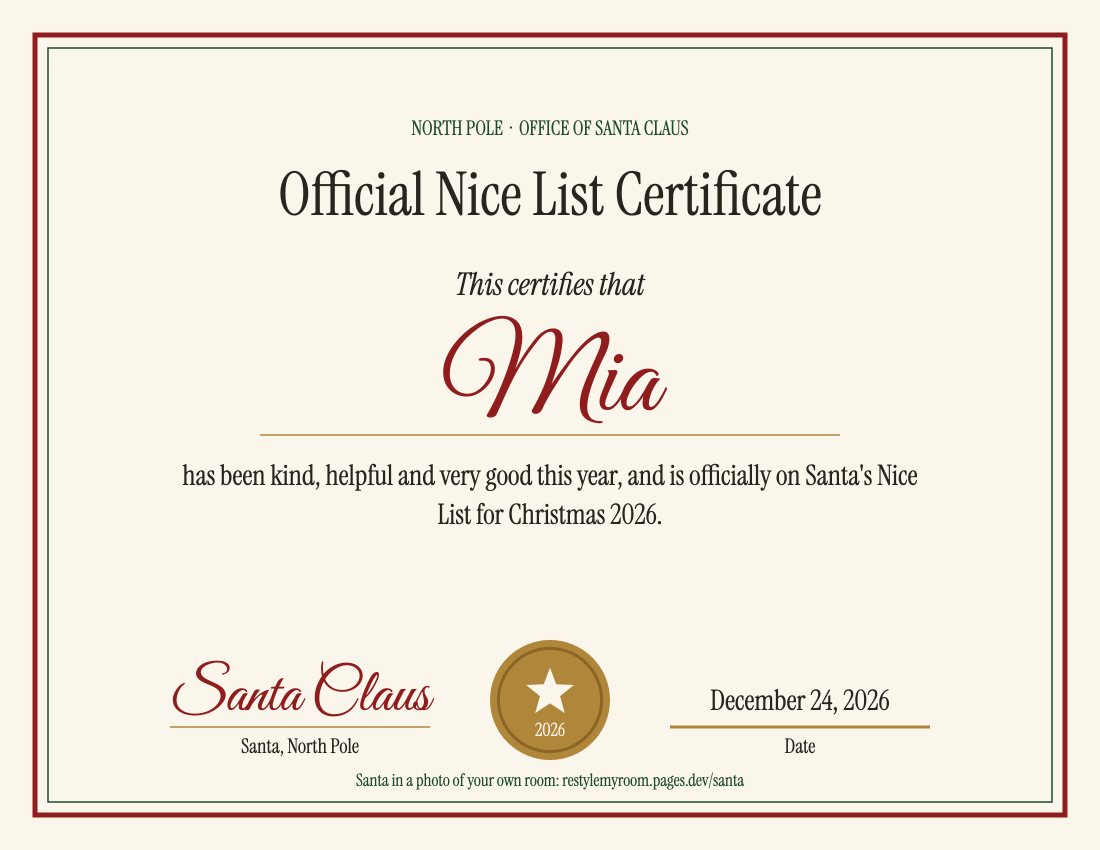 Nice List certificate with the sample name Mia, Santa's signature, a gold seal and the date December 24