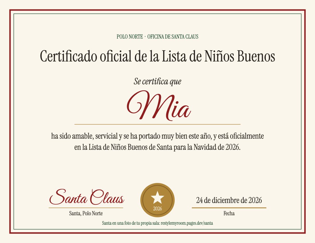 Certificado de la Lista de Niños Buenos con el nombre de ejemplo Mia, la firma de Santa, un sello dorado y la fecha 24 de diciembre