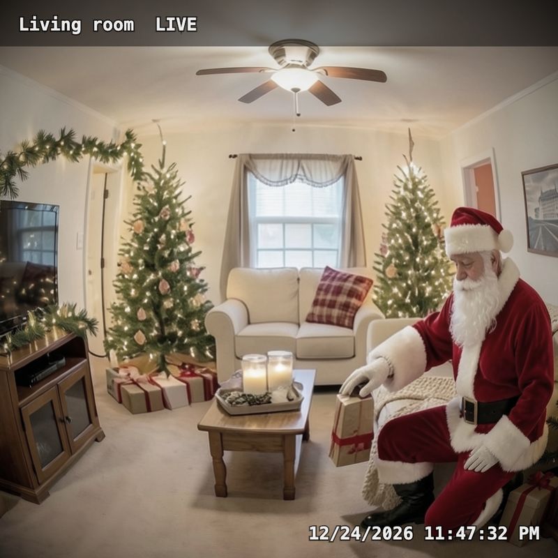 The same picture as a doorbell camera: a wide fisheye view, a dark rim and a LIVE bar