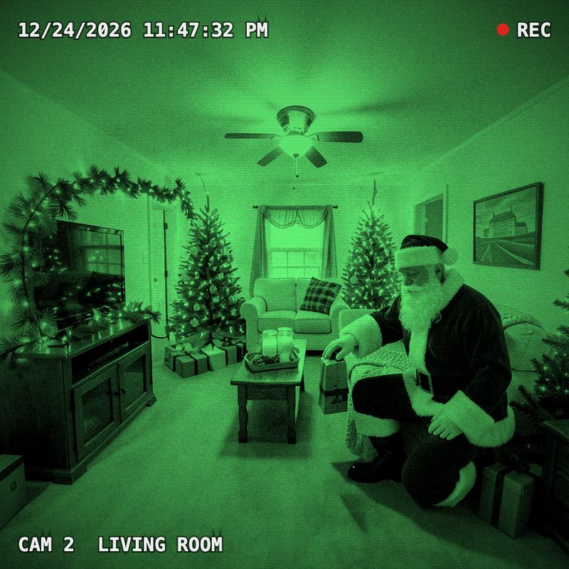 Santa kneeling by a Christmas tree as a night security camera frame (an AI image of a sample room)