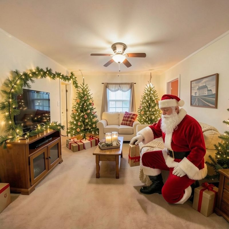 Santa placing a present under the tree in a sample living room (an AI image)