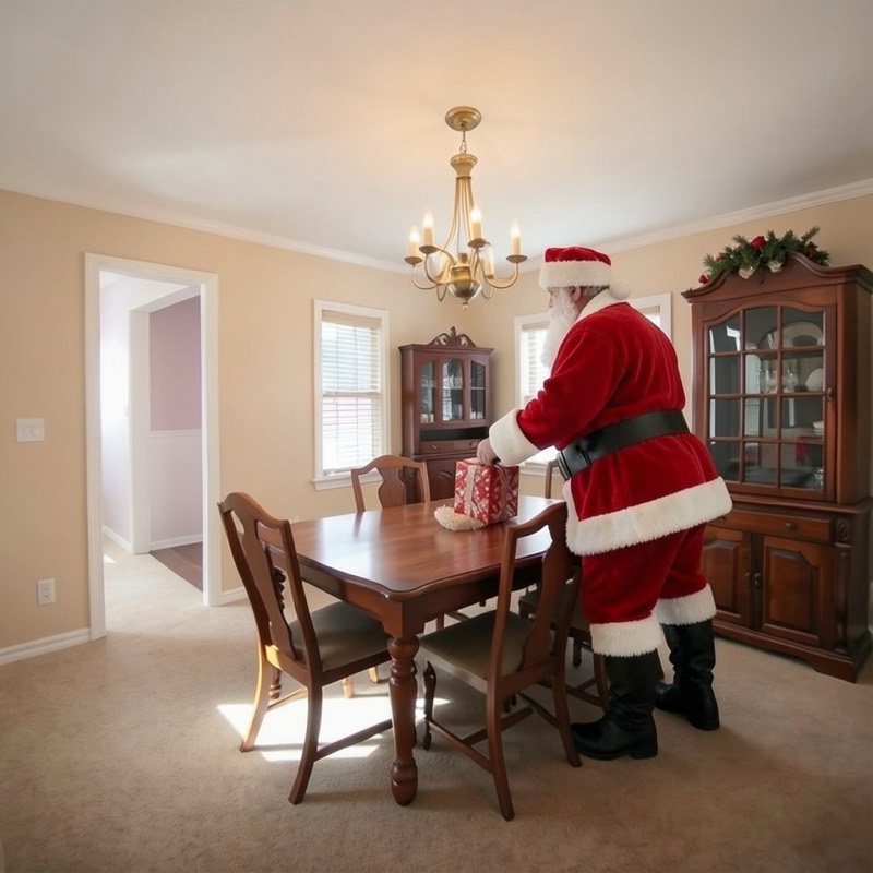 Santa standing by a dining table and setting a red wrapped present on it, next to a china cabinet (an AI image)