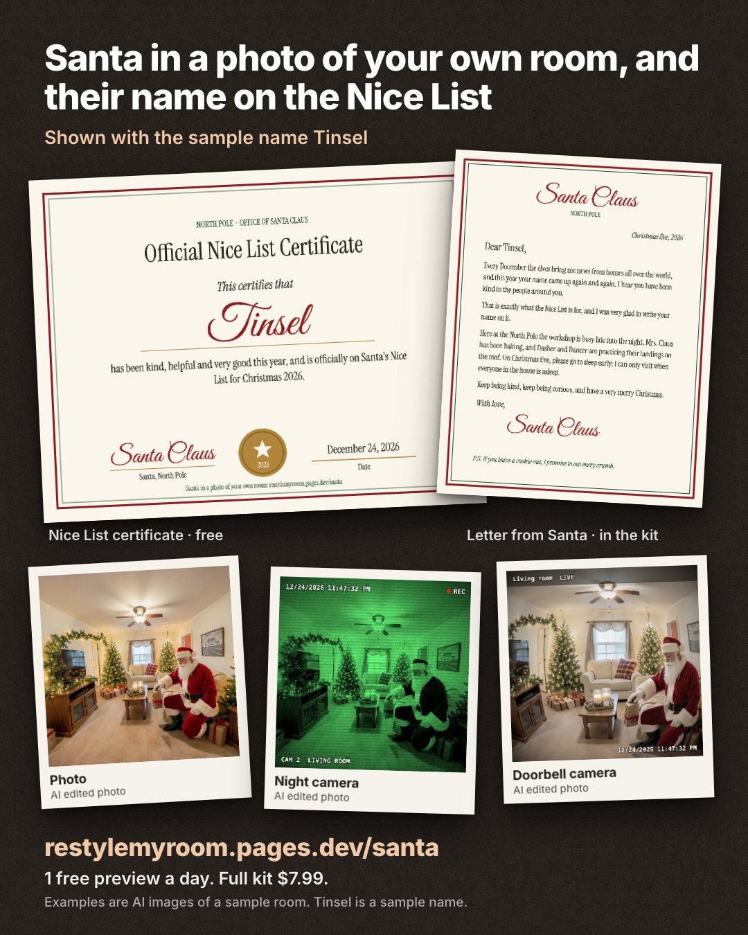 The Santa kit laid out on a table with the sample name Tinsel: a Nice List certificate marked free, a letter from Santa, and one Santa picture as a photo, a night camera and a doorbell camera, each labeled AI edited photo