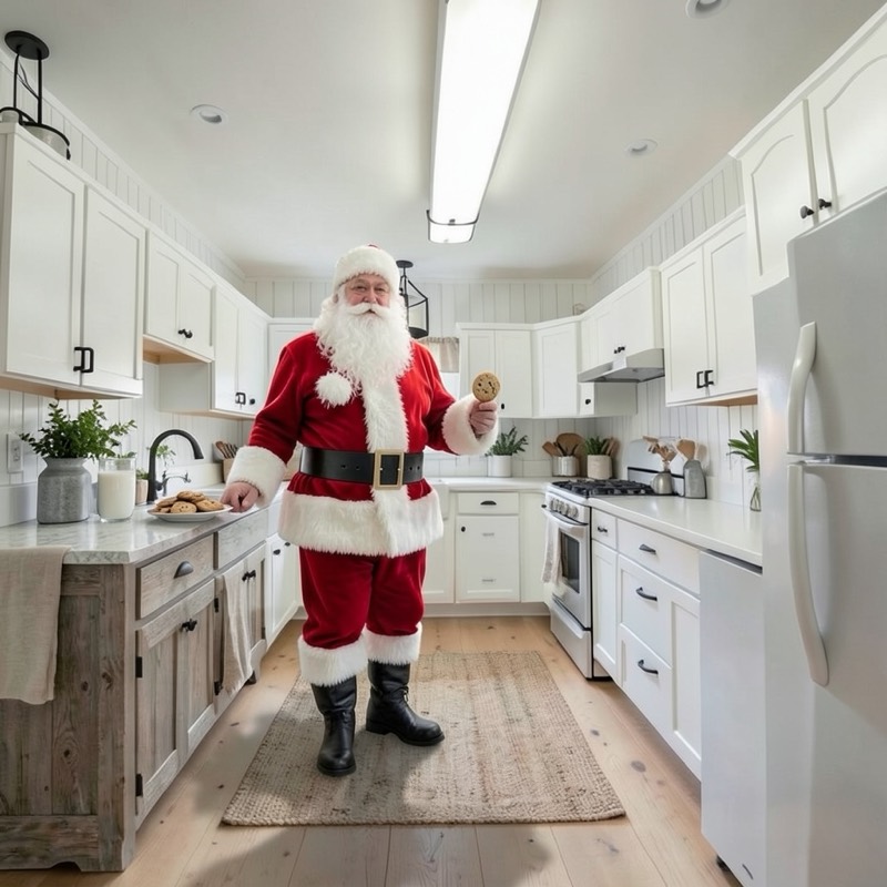 Santa standing in a white kitchen holding a cookie, with a plate of cookies on the counter (an AI image)