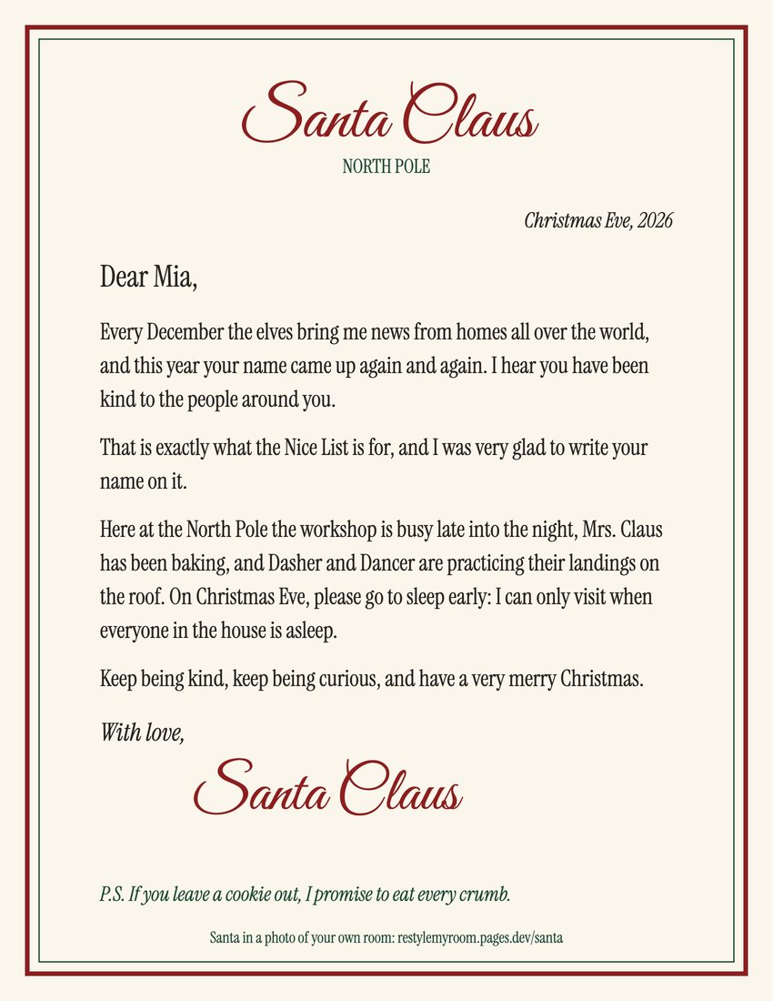 Printable letter from Santa addressed to the sample name Mia, signed Santa Claus