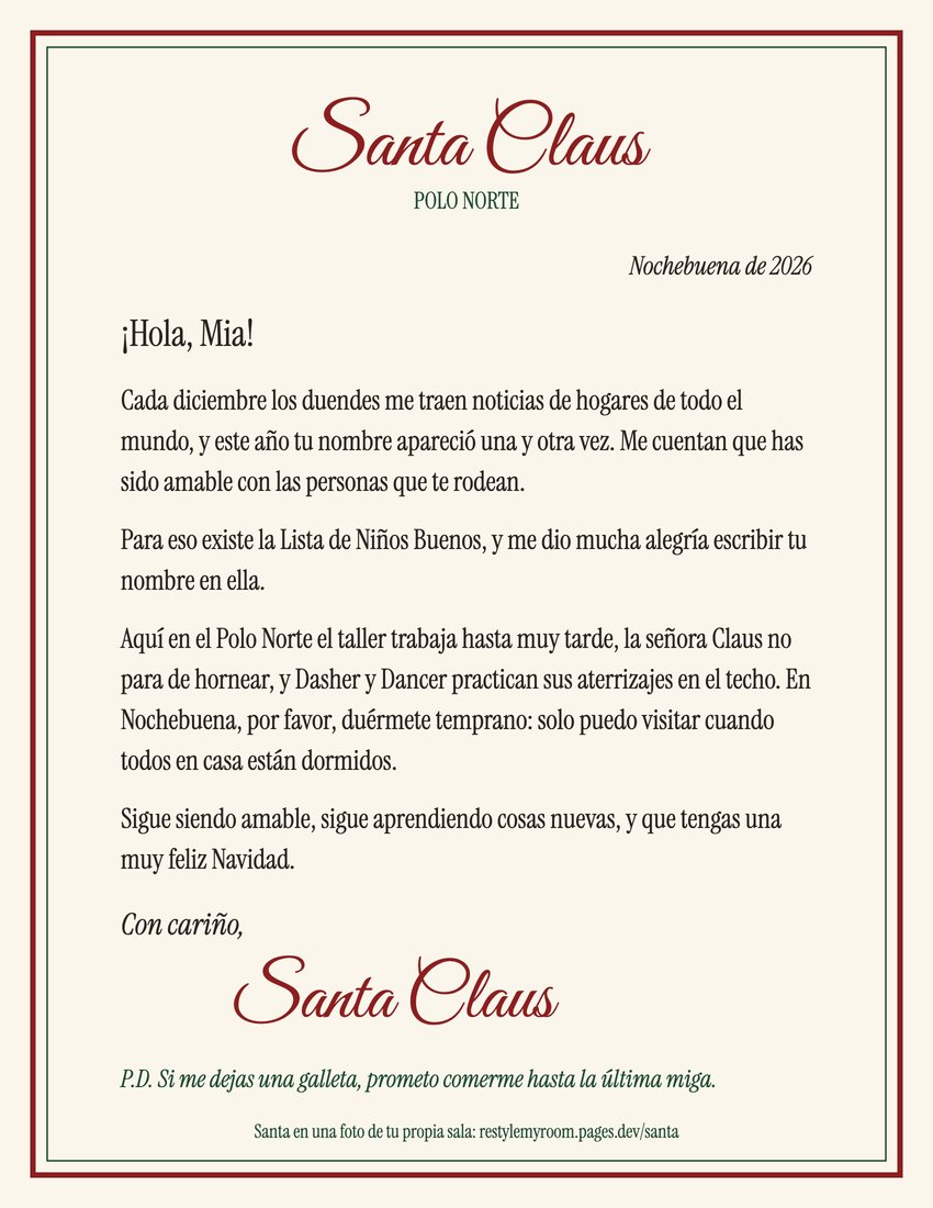 Carta de Santa para imprimir dirigida al nombre de ejemplo Mia, firmada por Santa Claus
