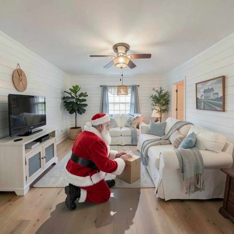 The same sample living room with Santa kneeling on the floor between the TV stand and the sofa, setting down a present (an AI image)