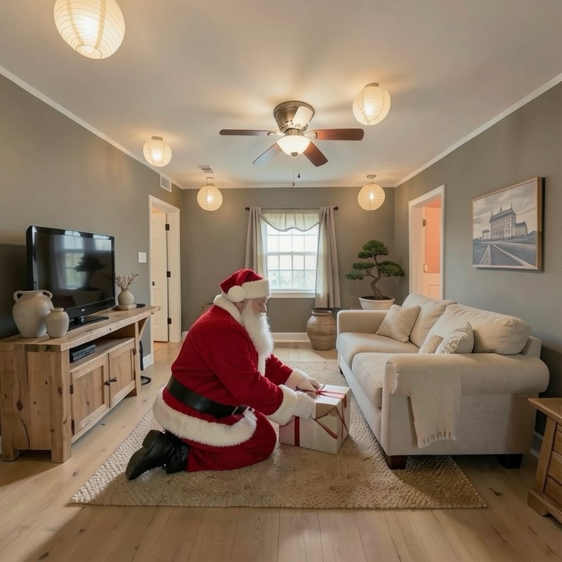 Santa kneeling on a jute rug between the TV stand and the sofa, placing a wrapped present, in a sample living room (an AI image)